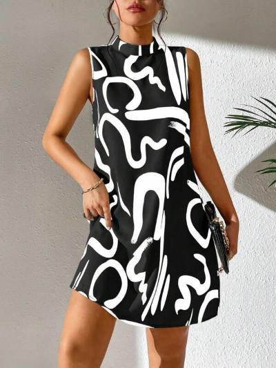 black and white Classy Printed Stand Collar Dress