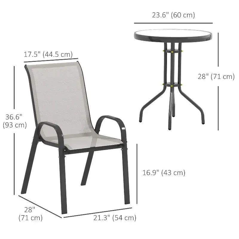 Outdoor bistro set with light grey chair and table showing dimensions for 3-Piece Bistro Set