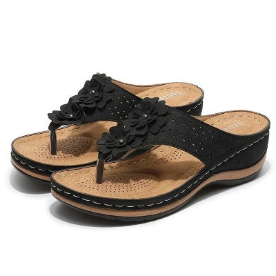 black Casual Flip Flop Flat Flower Herringbone Sandals