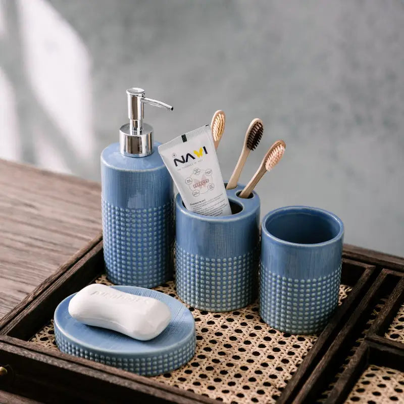 Blue ceramic bathroom set.
