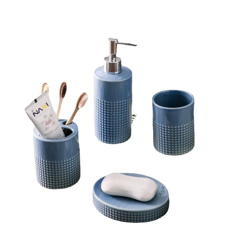 Blue ceramic bathroom set.