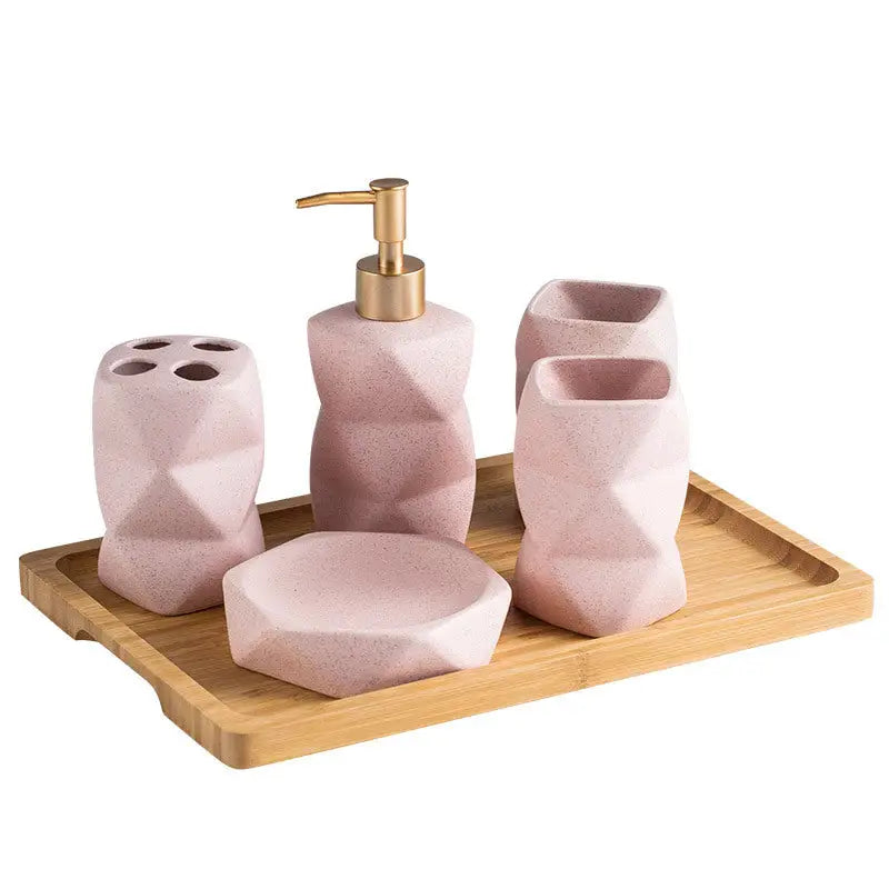 Pink geometric bathroom set.