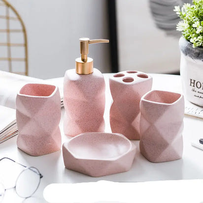 Pink geometric bathroom set.