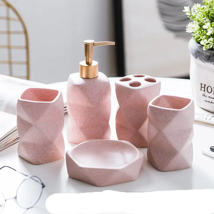 Pink geometric bathroom set.