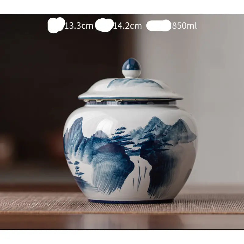 Blue and white ceramic tea canister with lid for fresh tea storage