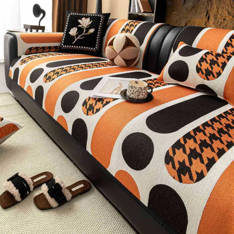 Patterned sofa with decorative pillows showcasing unique chenille texture Chenille Sofa Cushions