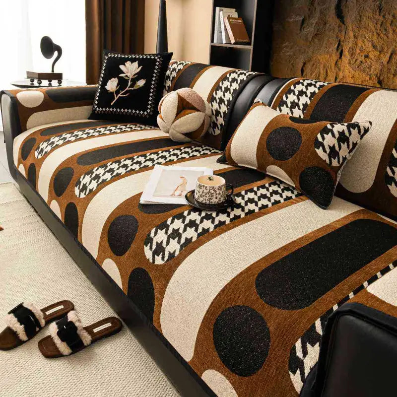 Patterned sofa with decorative pillows featuring unique chenille texture and chenille sofa cushions