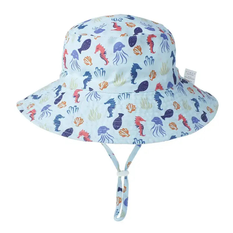 Light blue sun hat with sea creature pattern.
