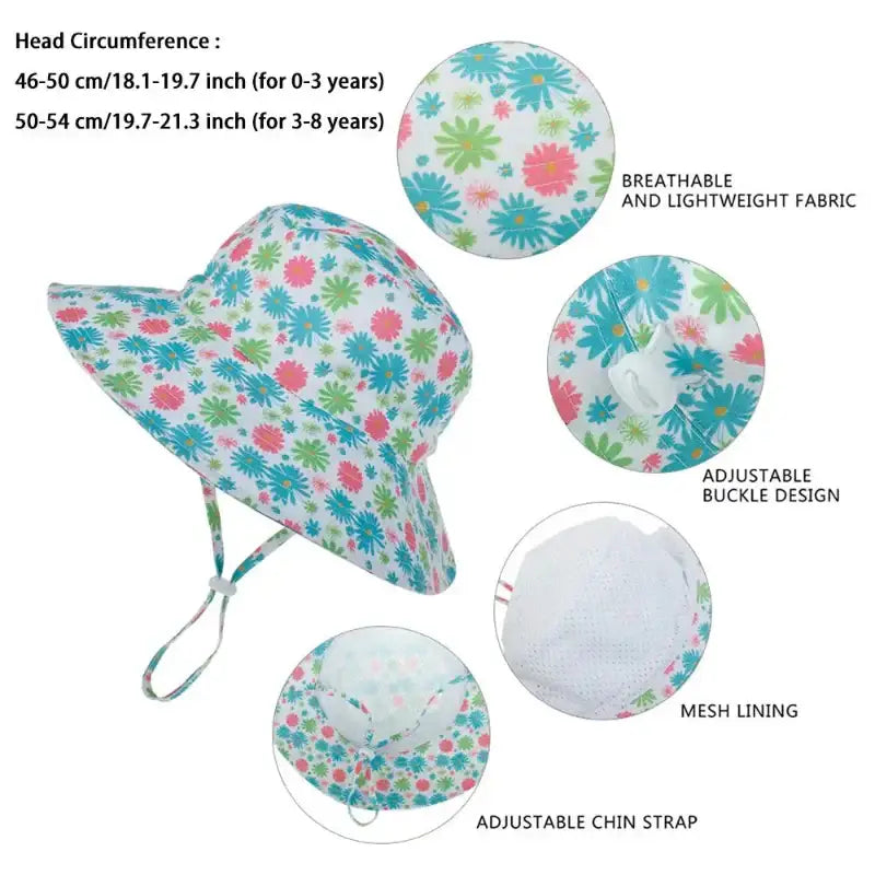 Floral patterned sun hat with adjustable features.