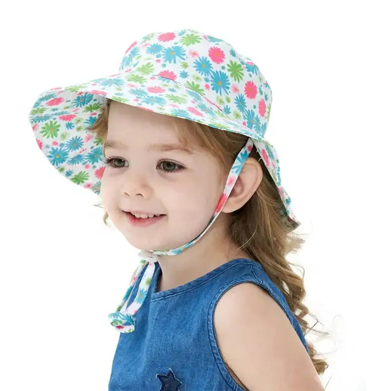 Floral sun hat with chin ties.
