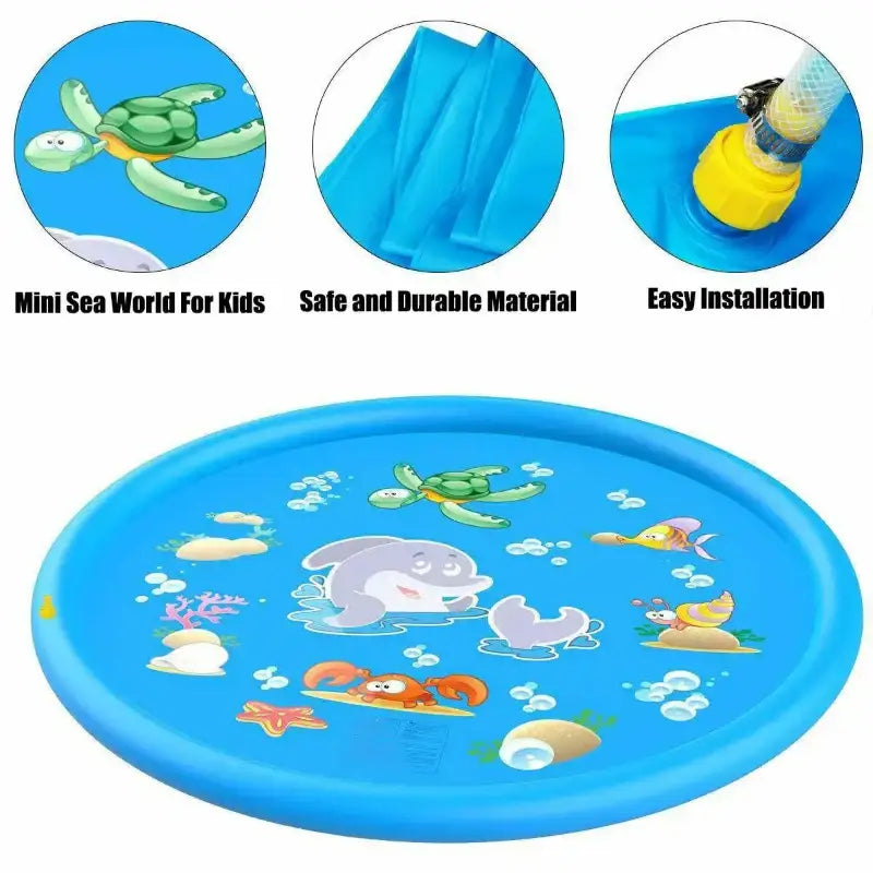 Blue inflatable splash pad with sea creature designs.