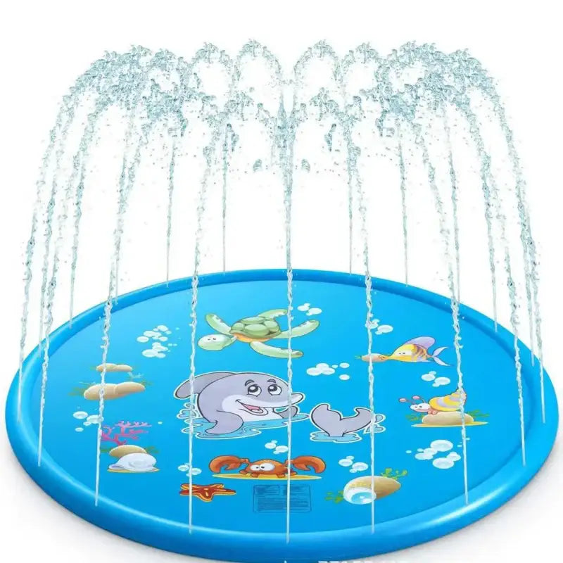 Blue splash pad with sea creature designs and water spraying upwards.