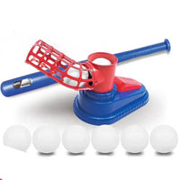 Blue and red plastic baseball trainer.