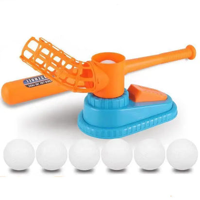 Orange and blue toy baseball launcher with white balls.