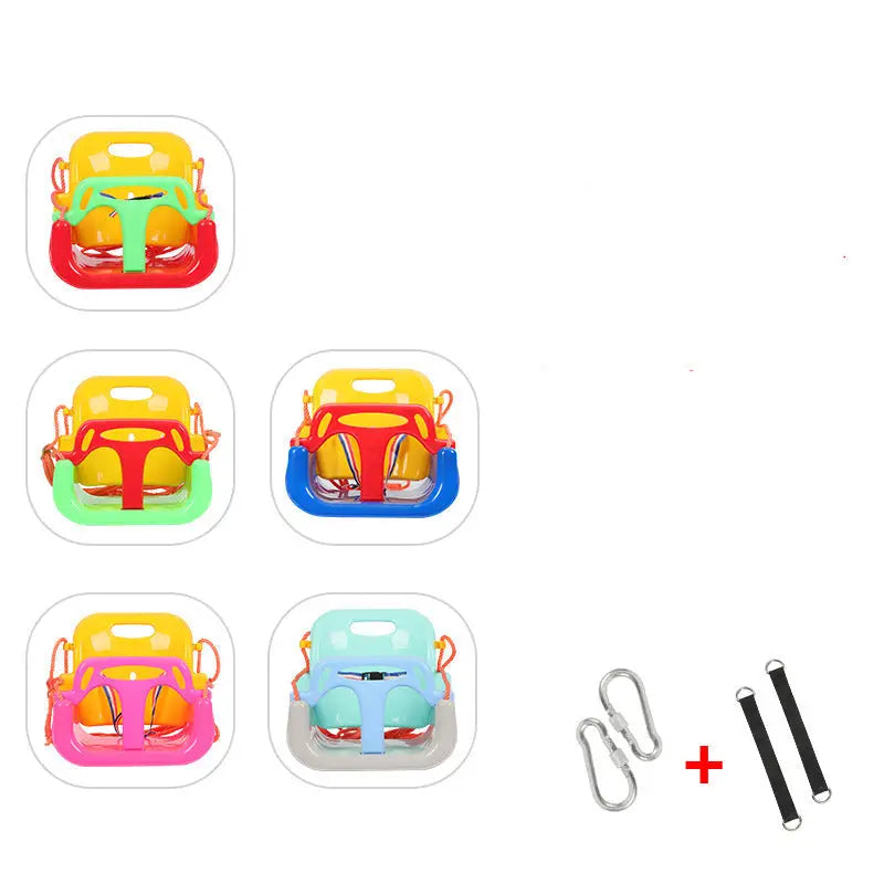 Colorful toddler swing seat variations with accessories.