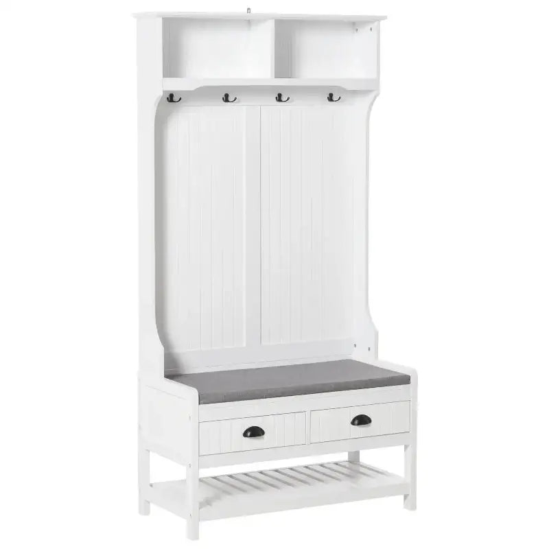 White hall tree with storage showcasing a multifunctional coat rack and shoe bench