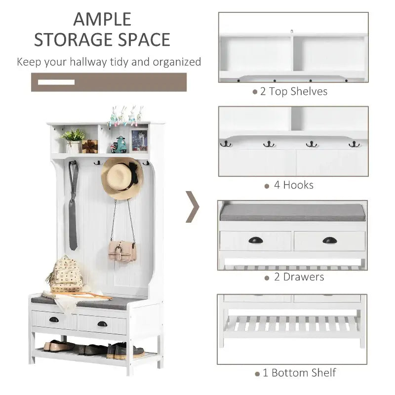 White hall tree with storage as a multifunctional coat rack and shoe bench for entryway