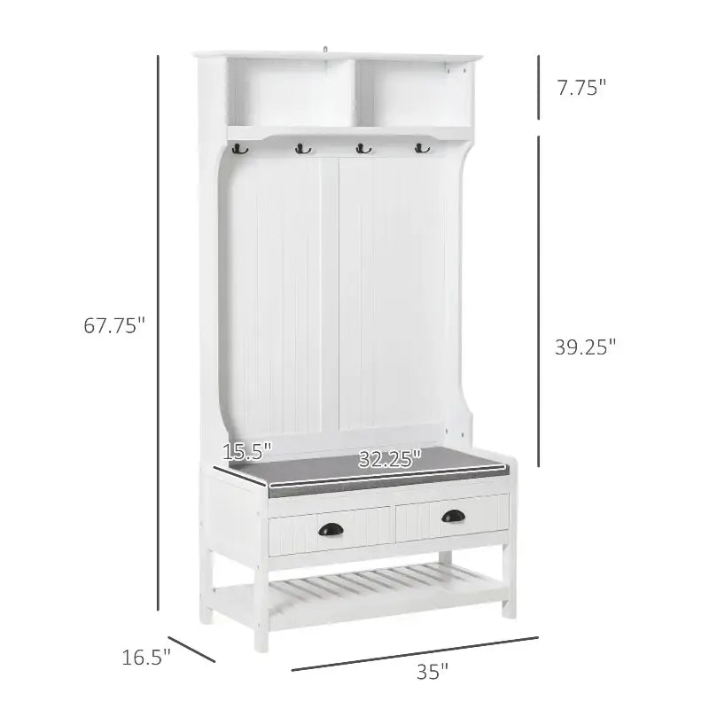 White hall tree with storage bench, multifunctional coat rack and shoe bench for entryway