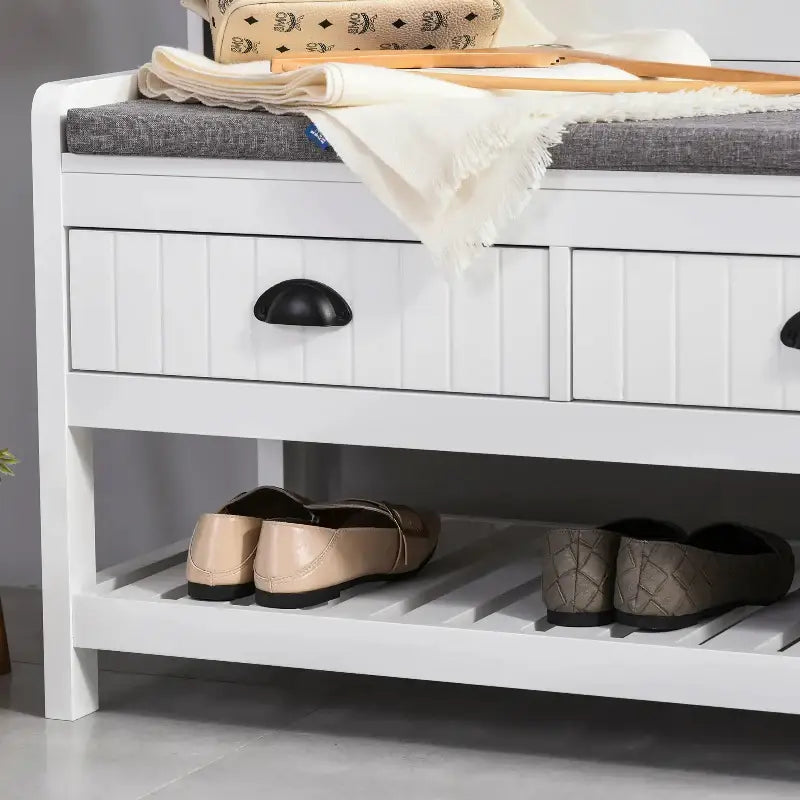 White storage bench with drawers and shoe rack for multifunctional coat rack and shoe storage