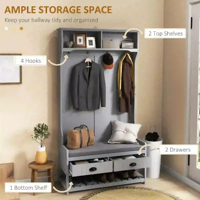Gray entryway storage bench with coat rack.
