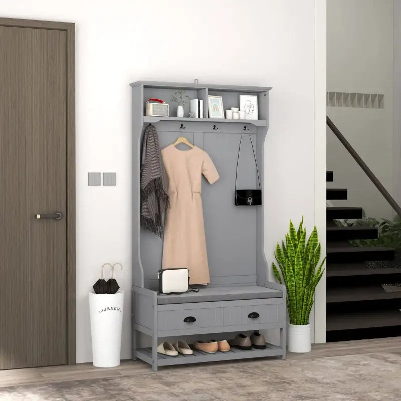 Gray hall tree with storage.