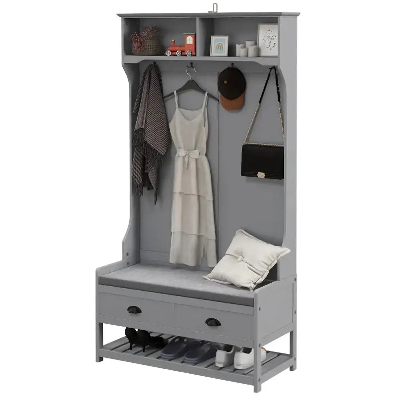 Gray hall tree with storage.
