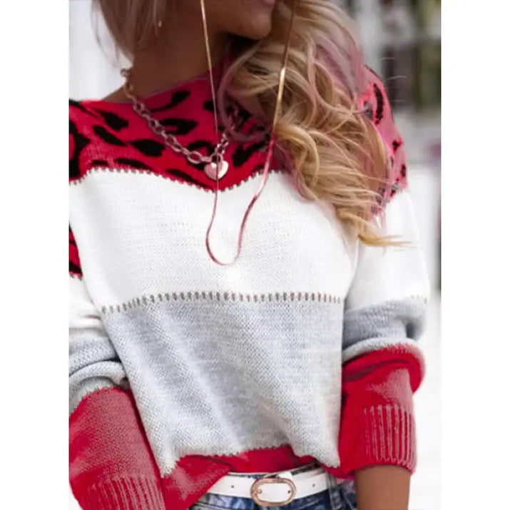 Color-blocked knit sweater with animal print.