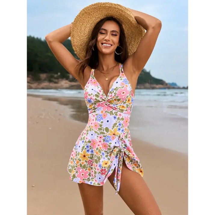 Floral print swimsuit dress.