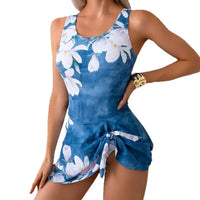 Blue floral swimsuit with skirt.