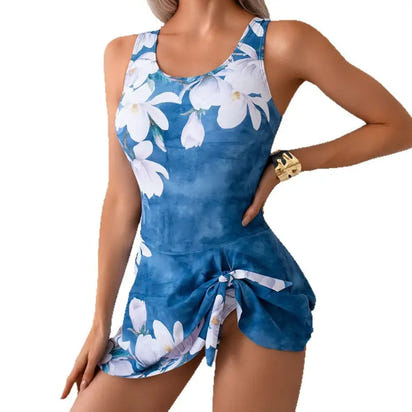 Blue floral swimsuit with skirt.