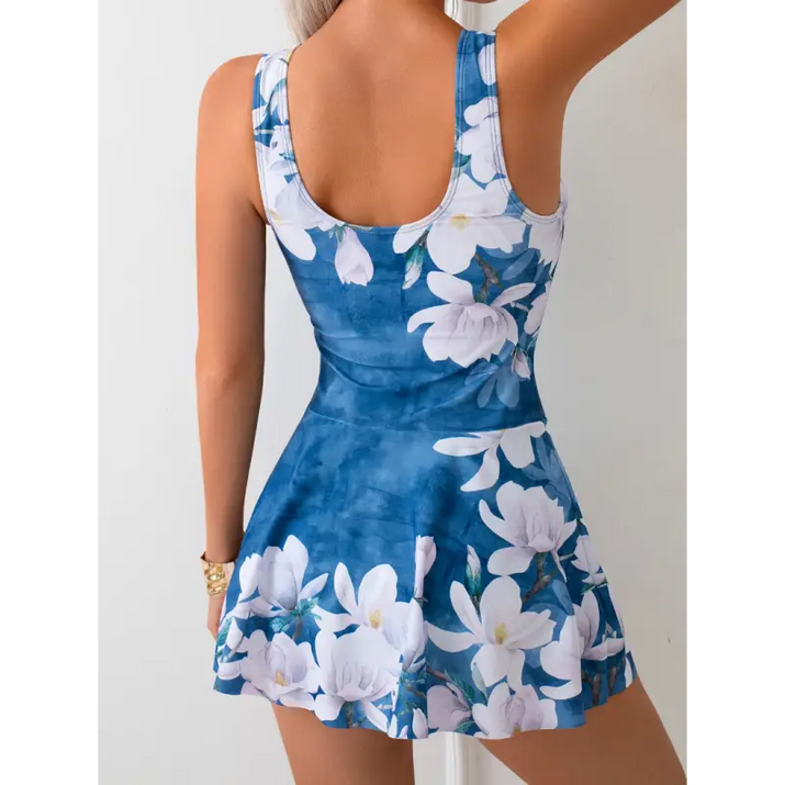 Blue floral swim dress.