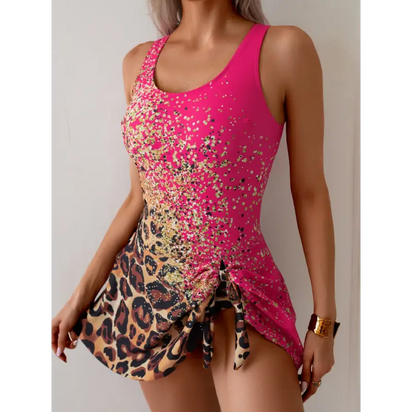 Pink and leopard print swimsuit dress.