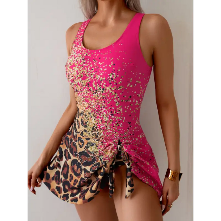 Pink and leopard print swimsuit dress.