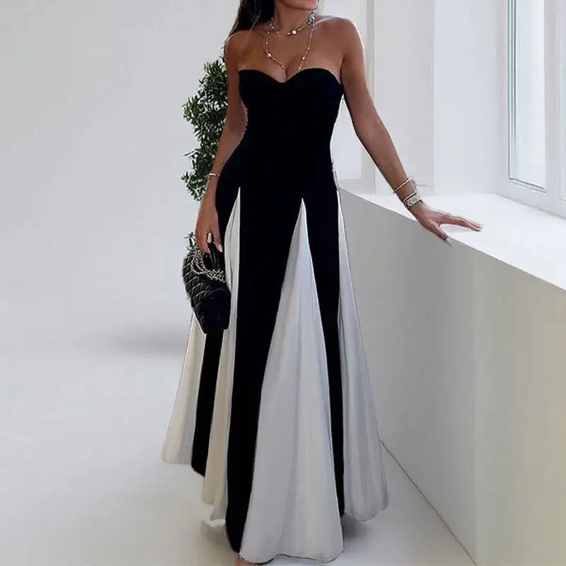 Strapless black and white gown.