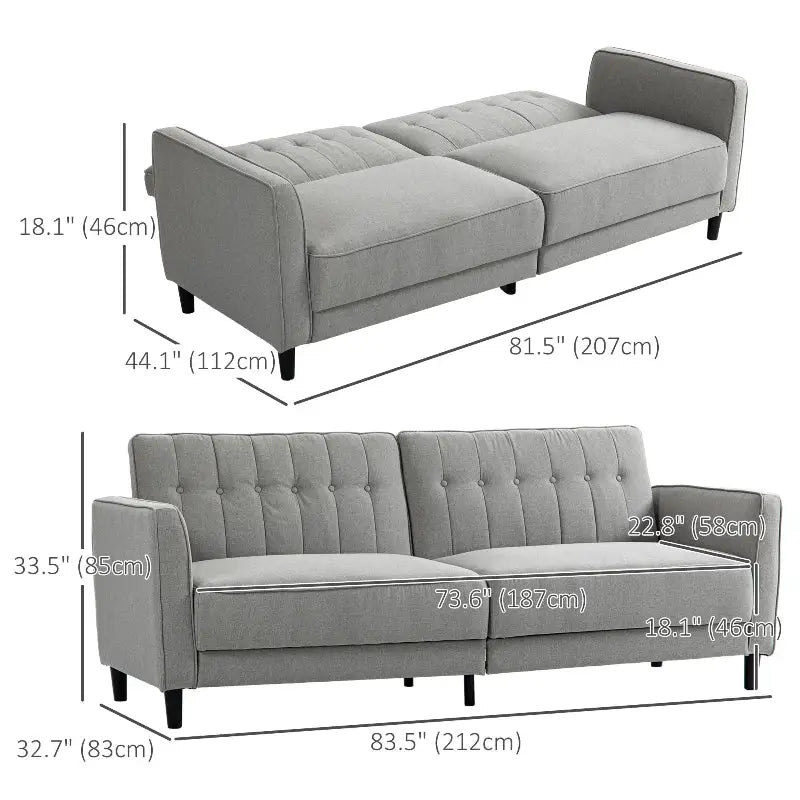 Gray futon sofa with dimensions.