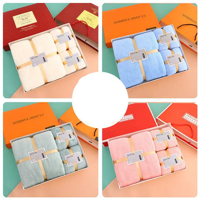 Colorfully boxed towel sets.