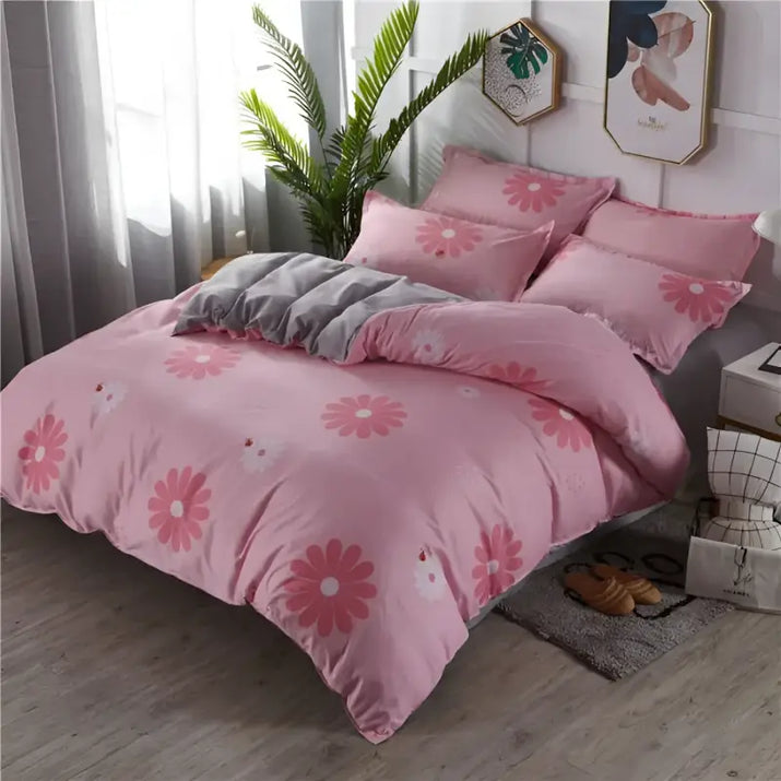 Pink floral bedding set.