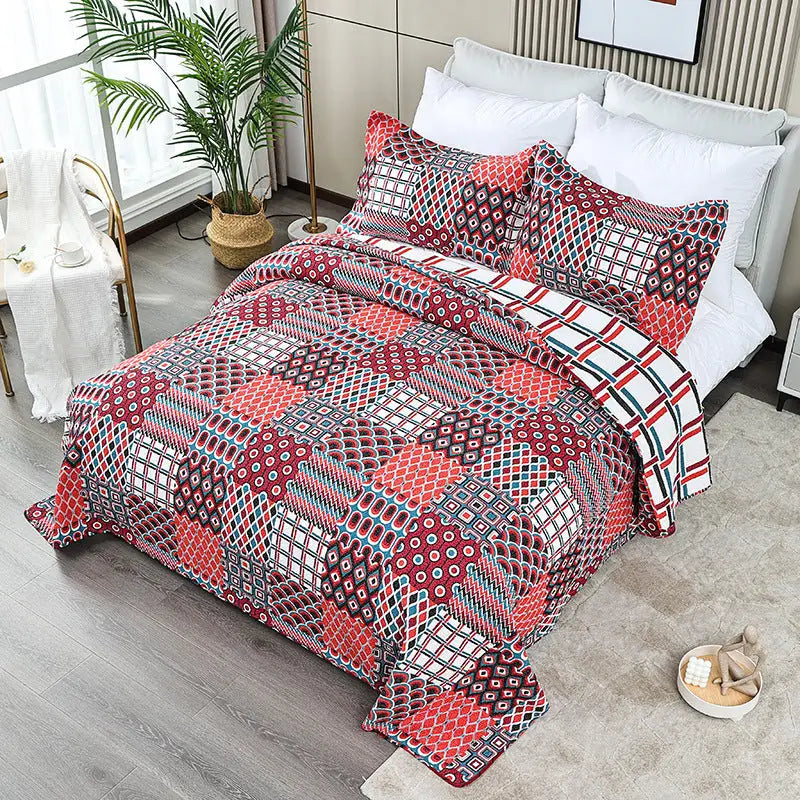 Patchwork quilt bedding set.