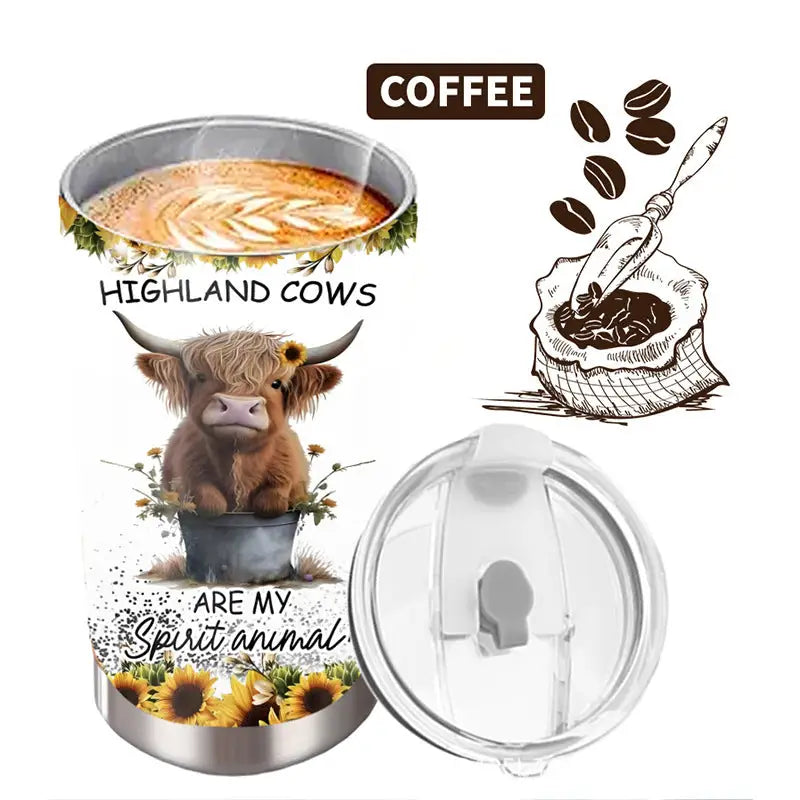 Coffee tumbler with highland cow design.