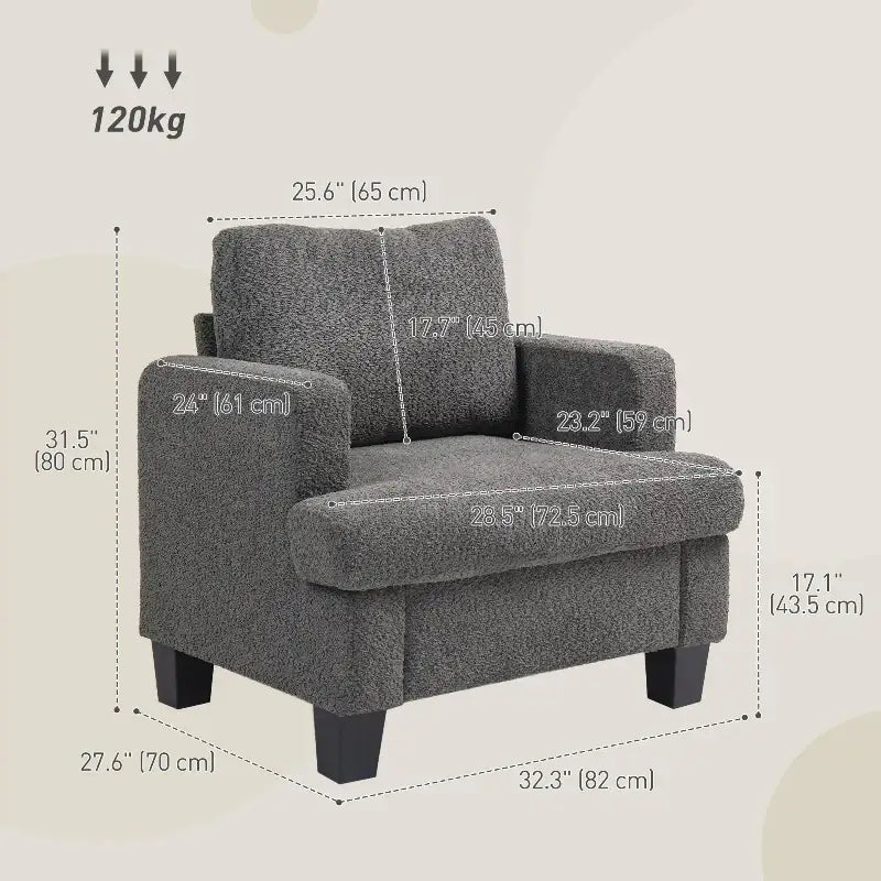 Gray armchair with dimensions.
