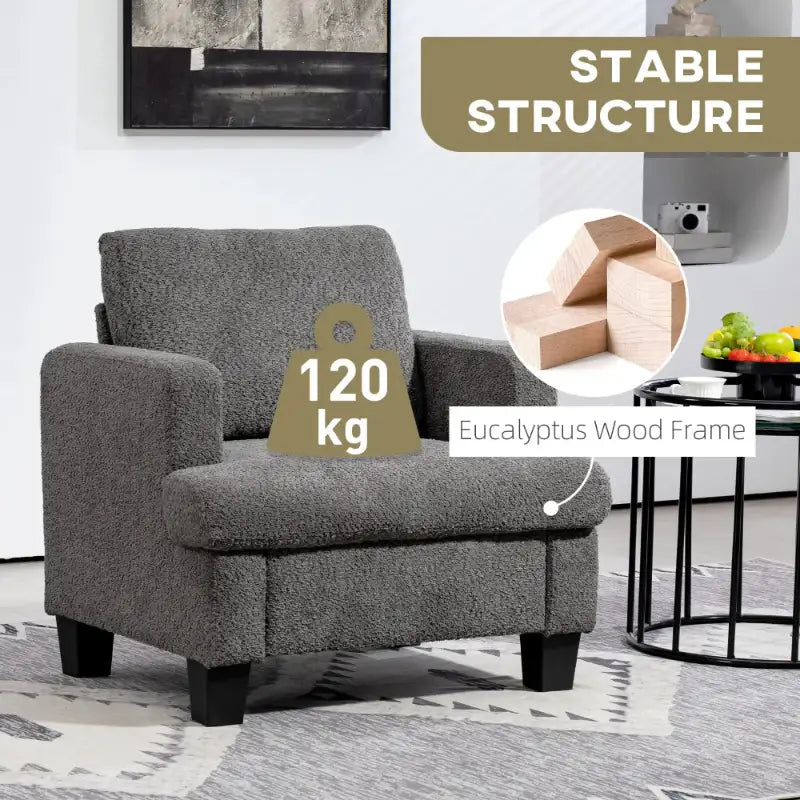 Gray upholstered armchair.