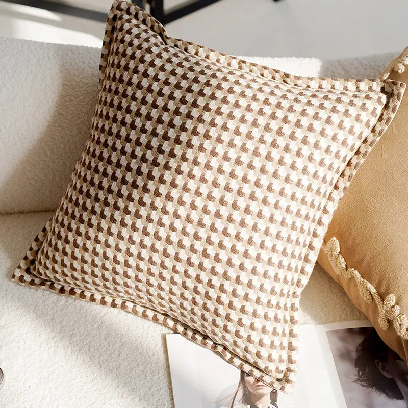 Patterned decorative pillow.