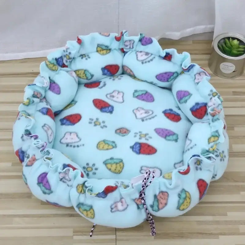 Round, patterned pet bed.
