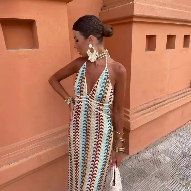 Patterned halter maxi dress.