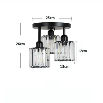 Three-light crystal ceiling fixture.