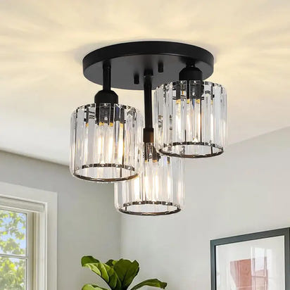 Three-light crystal ceiling fixture.