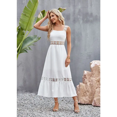 White midi dress with lace trim.