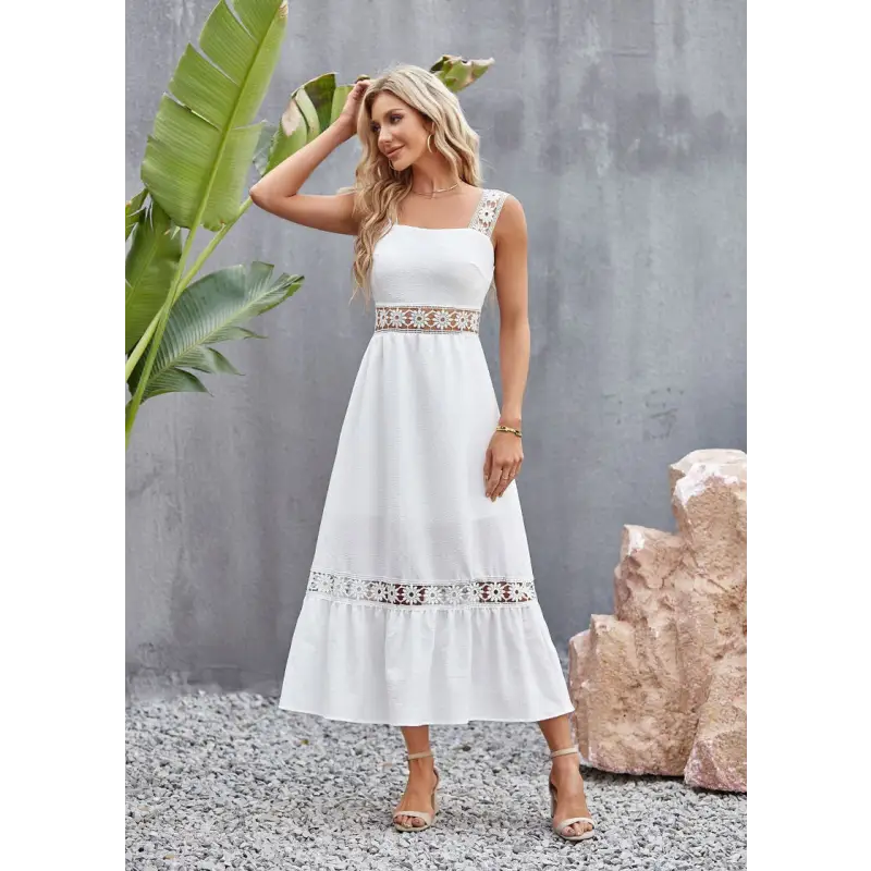 White midi dress with lace trim.