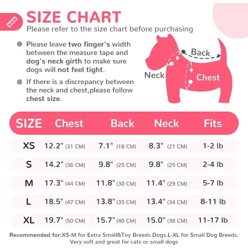 Dog clothing size chart.