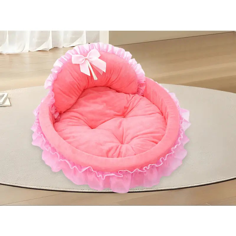 Pink frilly pet bed with bow for cute princess cat and princess cat dog comfort